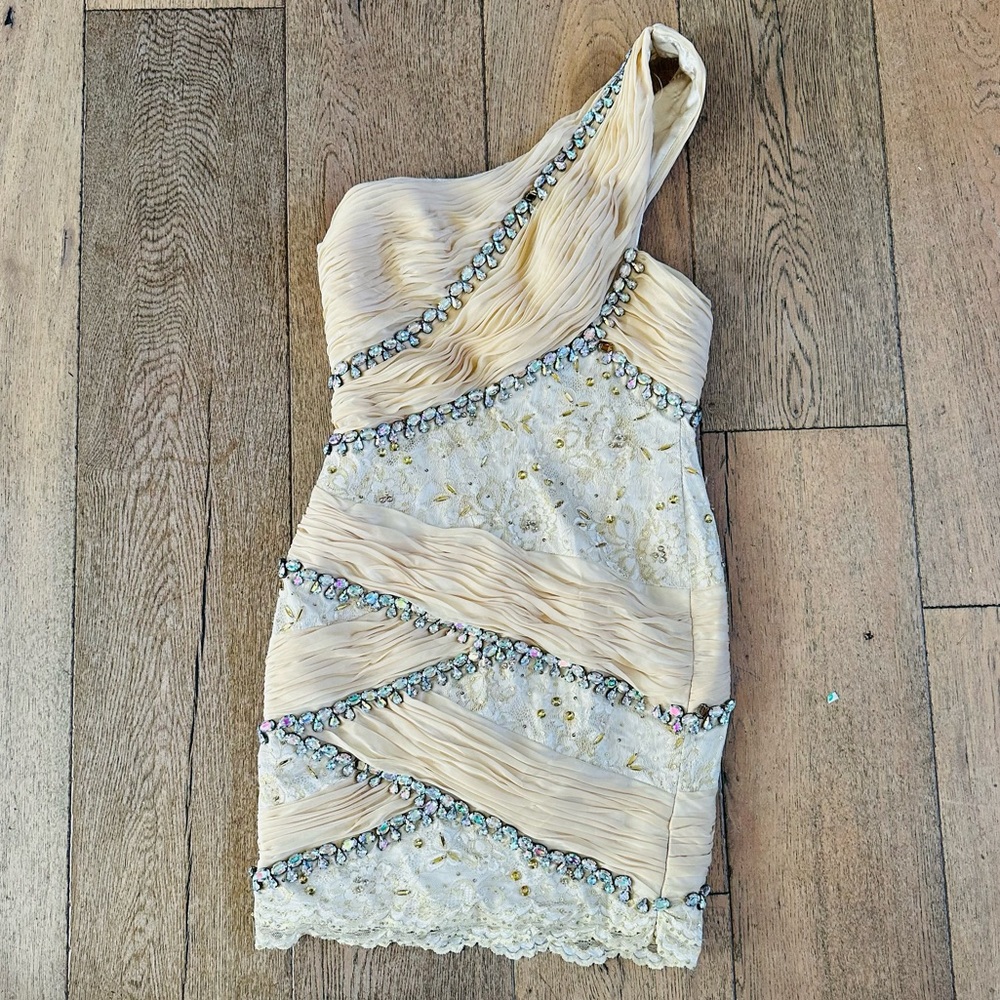Musani Couture blush one shoulder lace draped rhinestone mini cocktail dress 6